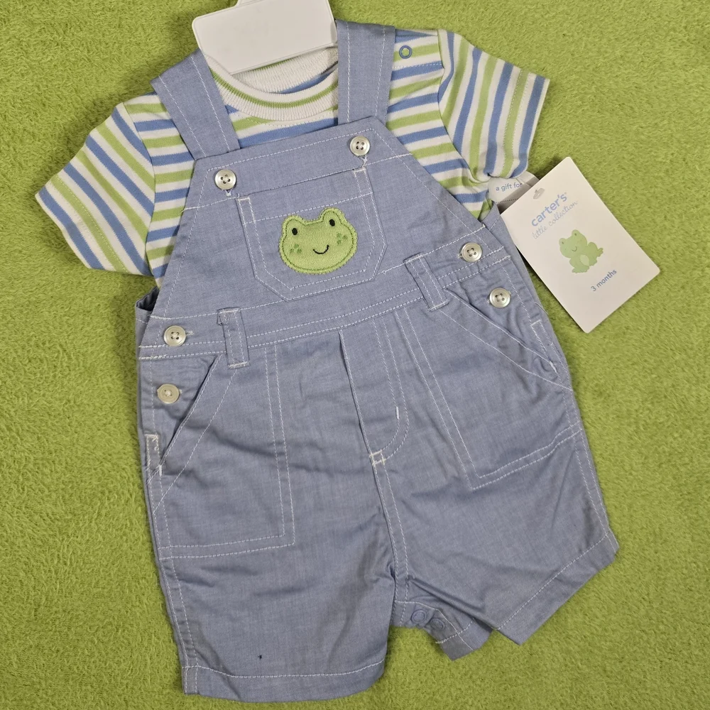 NWT 6-9M Baby BOYS OVERALLS + TEE SHIRT Carter's Blue + Green Frog 2P Set (Q2)